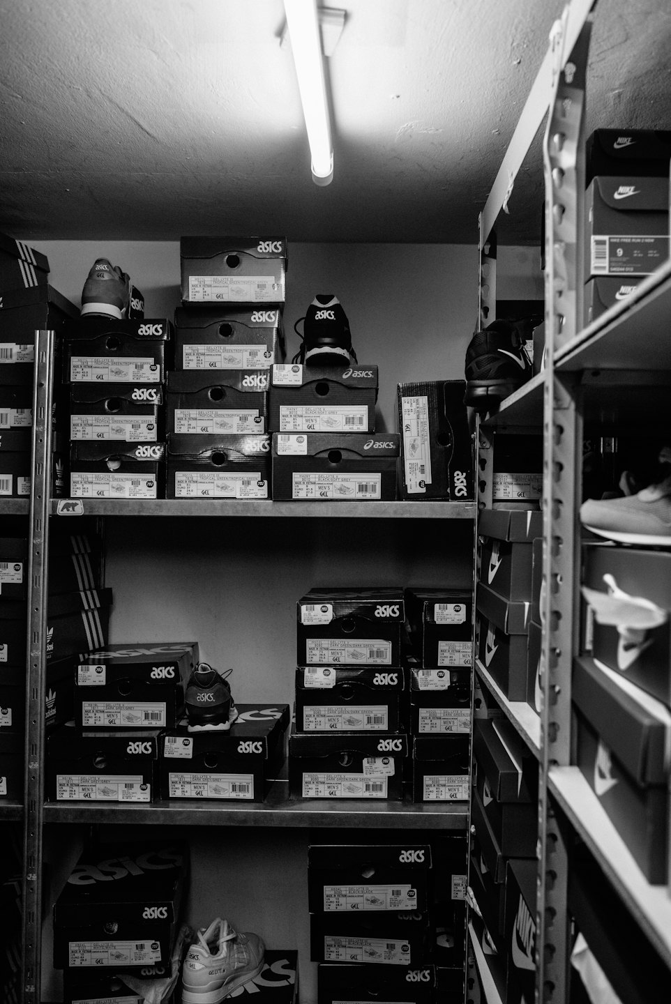 Shoe boxes stacked high on shelves in a storage room.