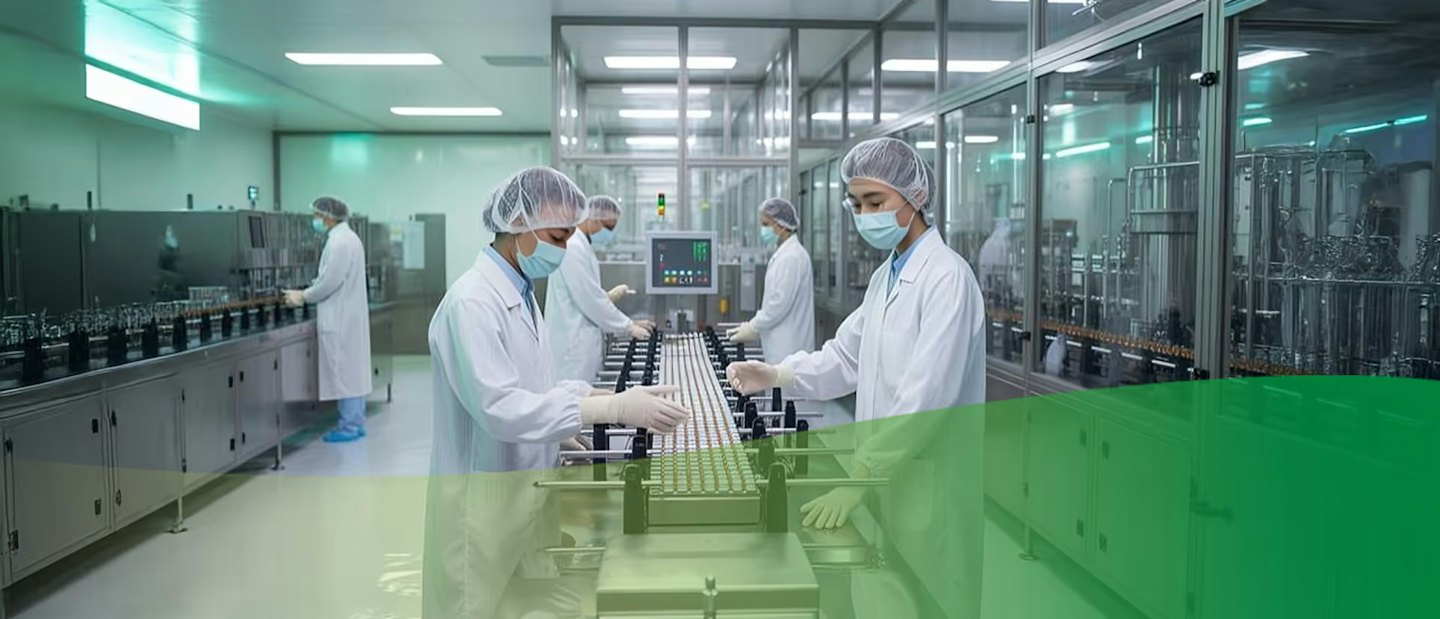 Factory workers in sterile gear monitor bottles on a conveyor belt.